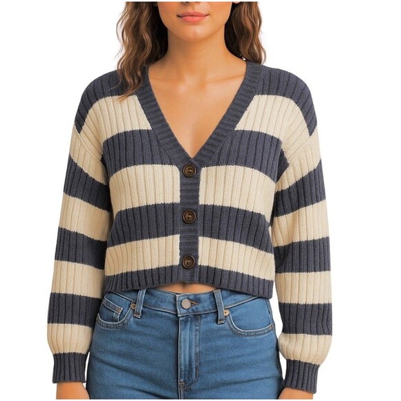 Blue Rain Striped Cropped Cardigan Sz Small Blue and Cream Stripes Button Front - Picture 1 of 14